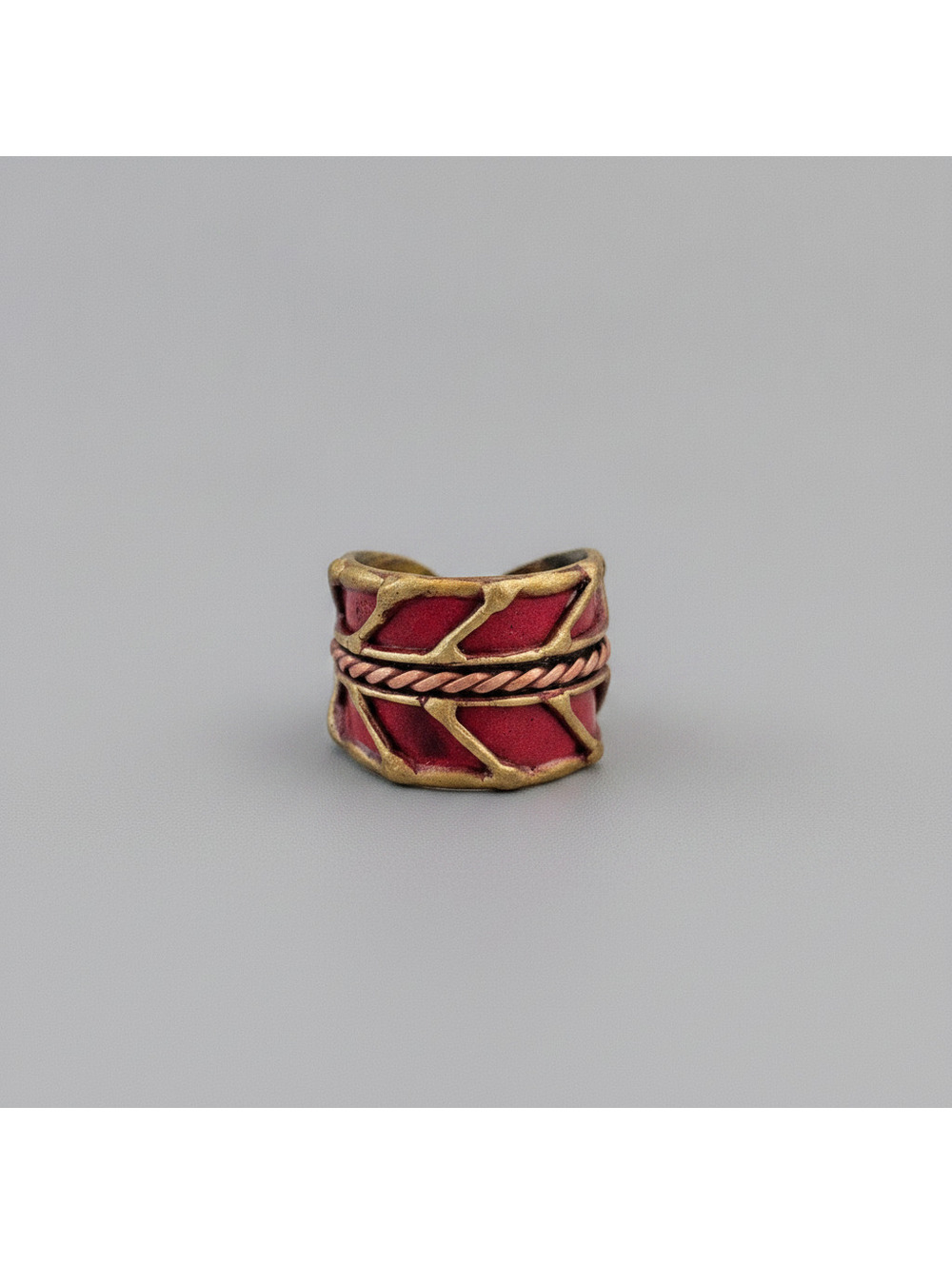Handcrafted Cranberry Red Herringbone Brass Patina Ring
